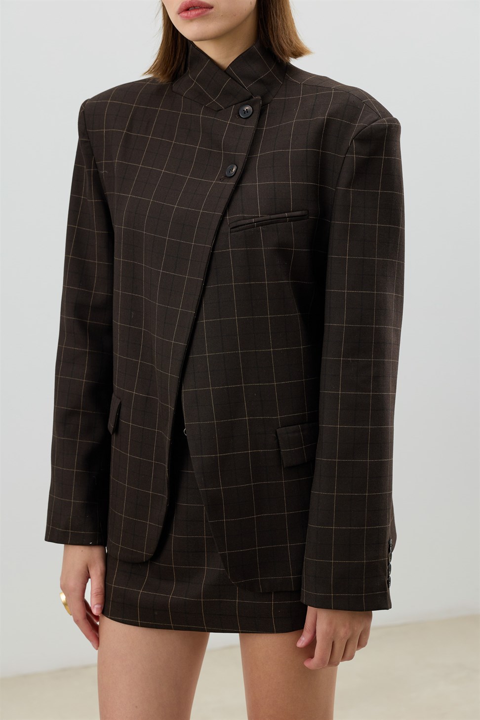 Antioch Kahve Kareli Dik Yaka Kadın Blazer Ceket