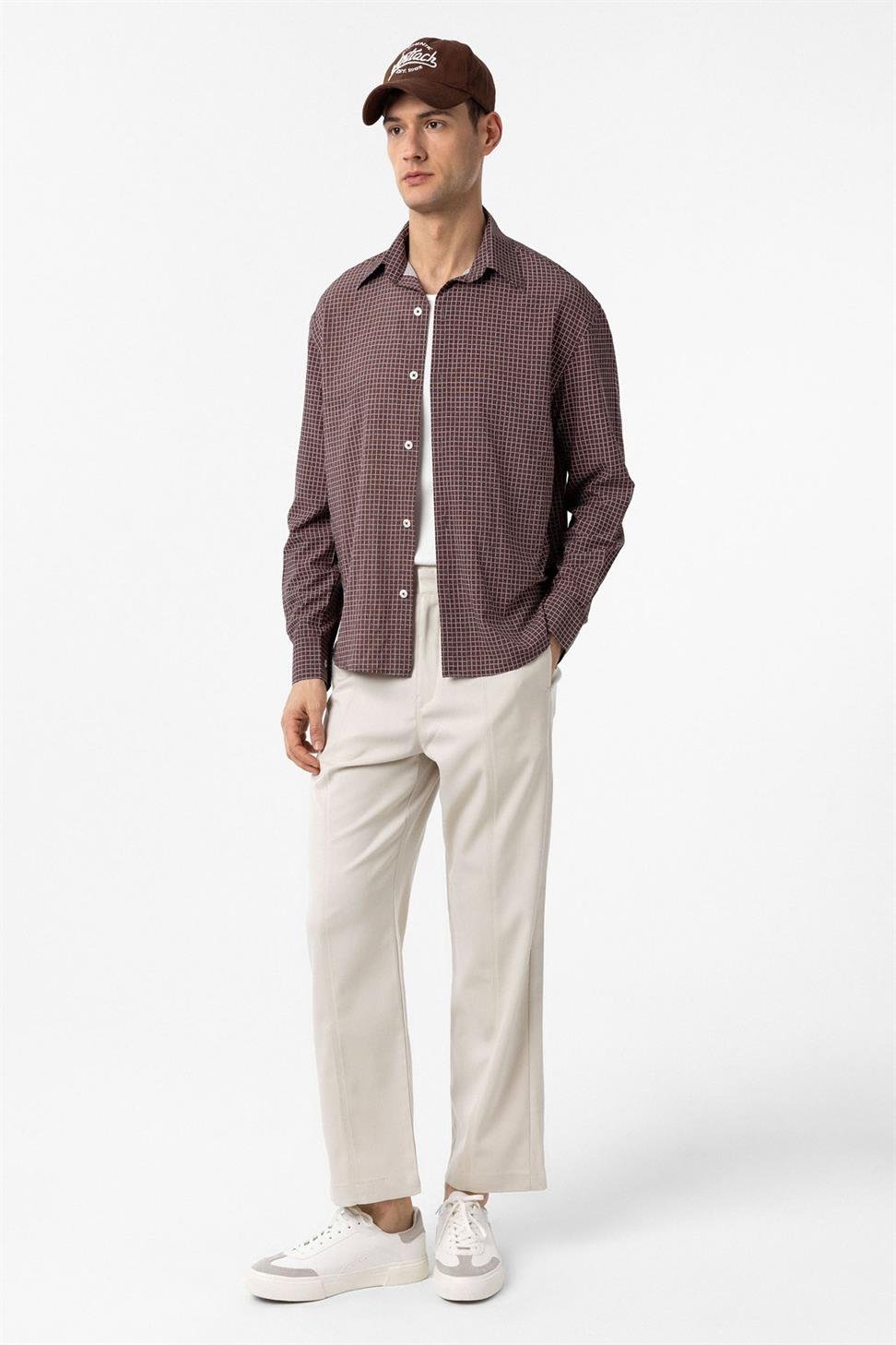 Antioch Kahve Kareli Erkek Rahat Kalıp Erkek Gömlek