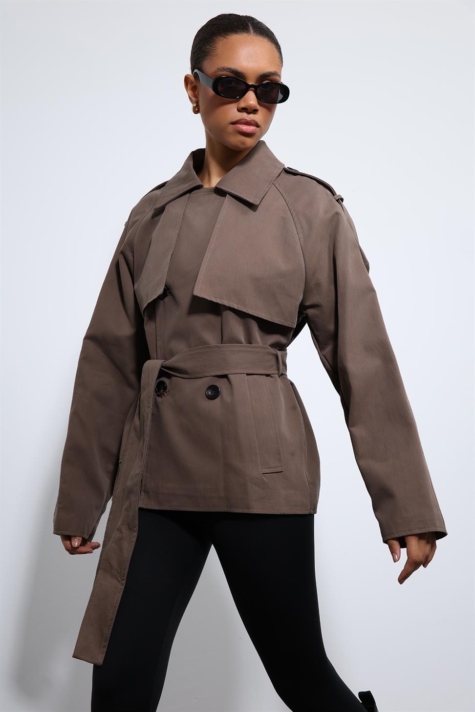 Antioch Kahve Kemerli Kısa Trençkot