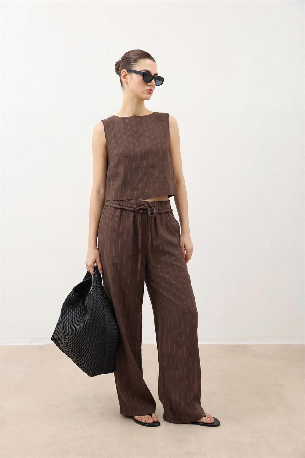 Womens Striped Linen-Blend Suit