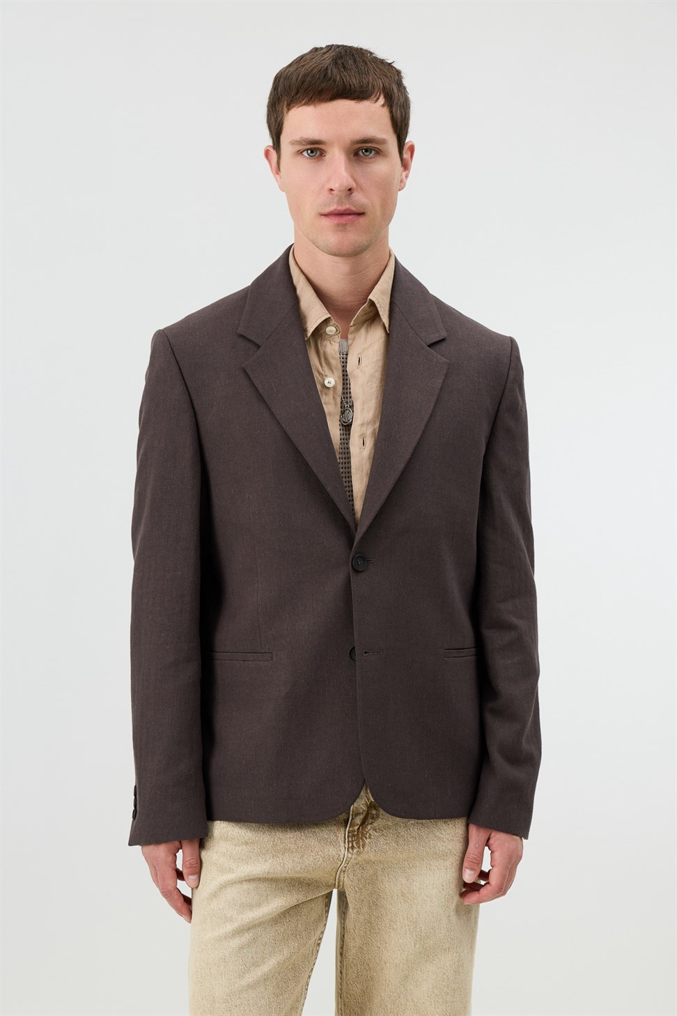 Antioch Kahve Keten Karışımlı Balıksırtı Desenli Erkek Blazer Ceket