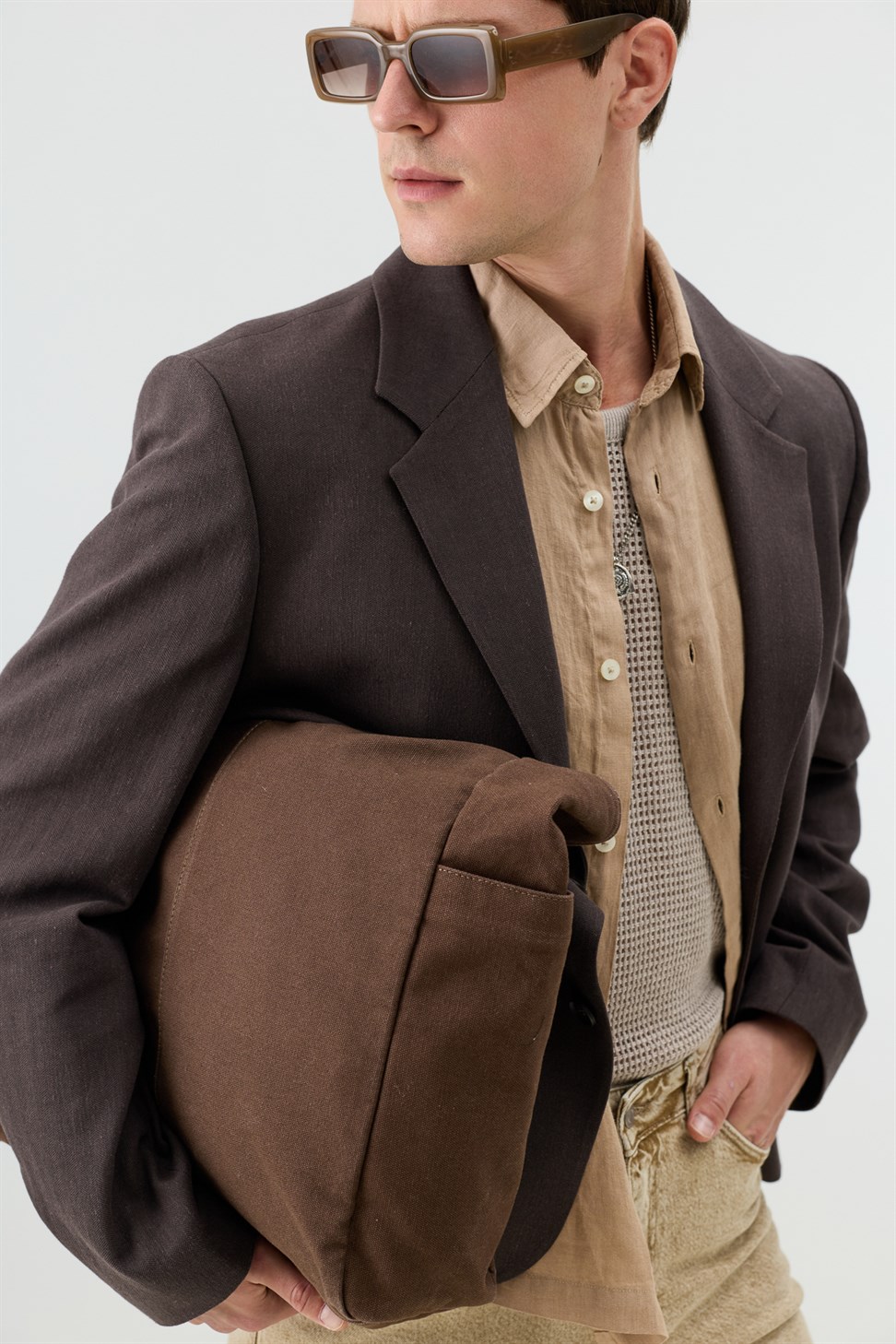 Antioch Kahve Keten Karışımlı Balıksırtı Desenli Erkek Blazer Ceket