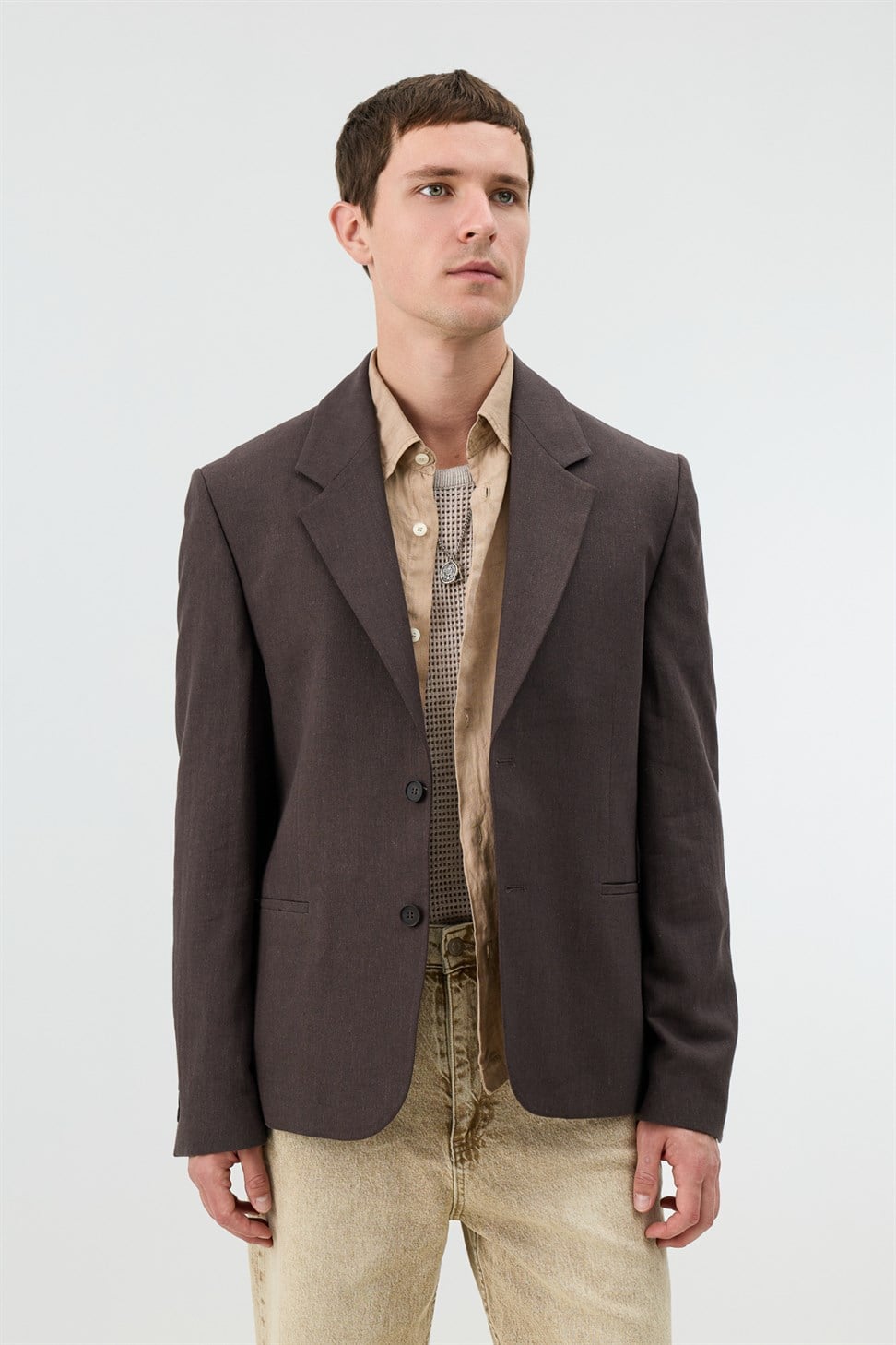 Antioch Kahve Keten Karışımlı Balıksırtı Desenli Erkek Blazer Ceket