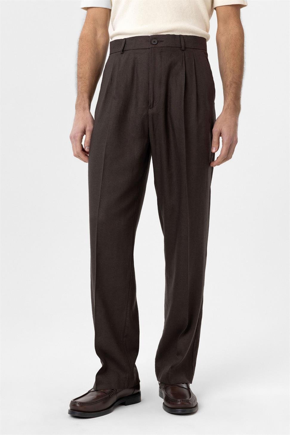 Antioch Kahve Keten Karışımlı Erkek Baggy Pantolon