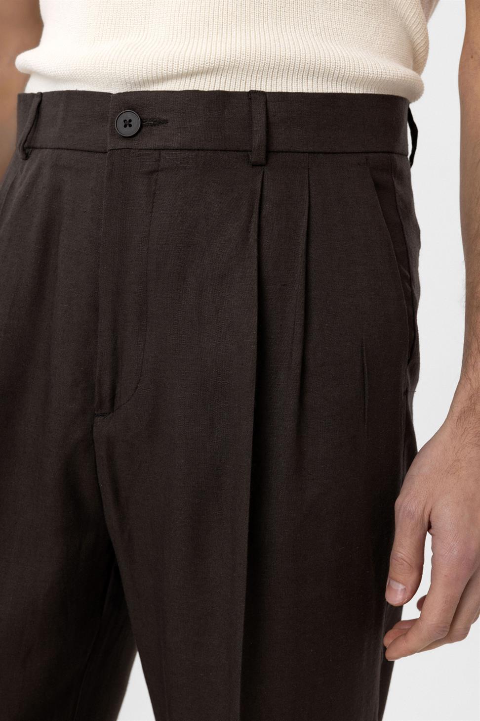 Antioch Kahve Keten Karışımlı Erkek Baggy Pantolon