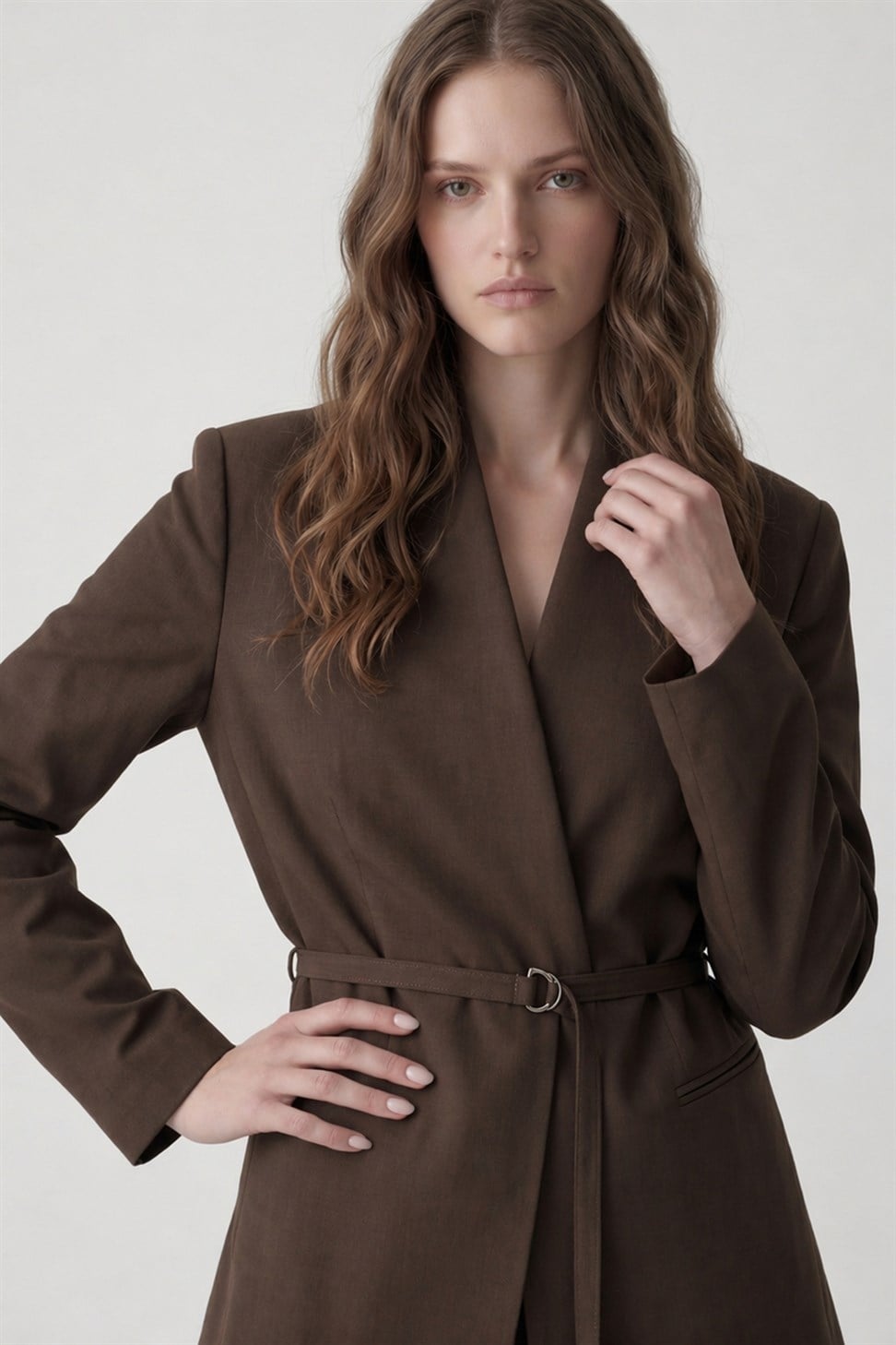 Antioch Kahve Keten Karışımlı Kadın Blazer Ceket