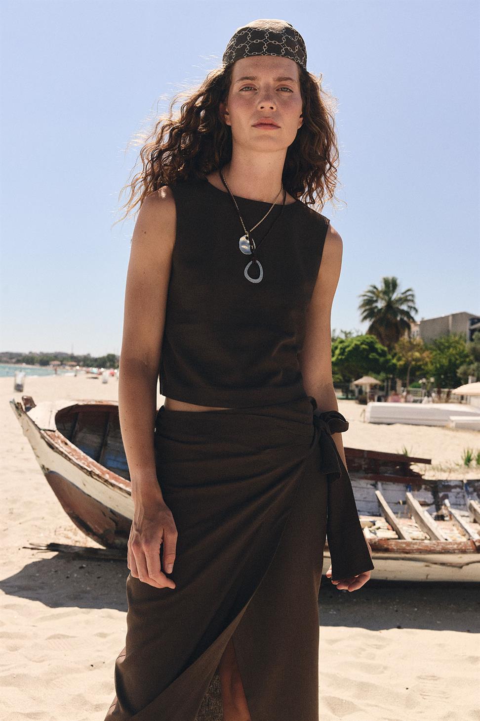 Antioch Kahve Keten Karışımlı Kadın Bluz