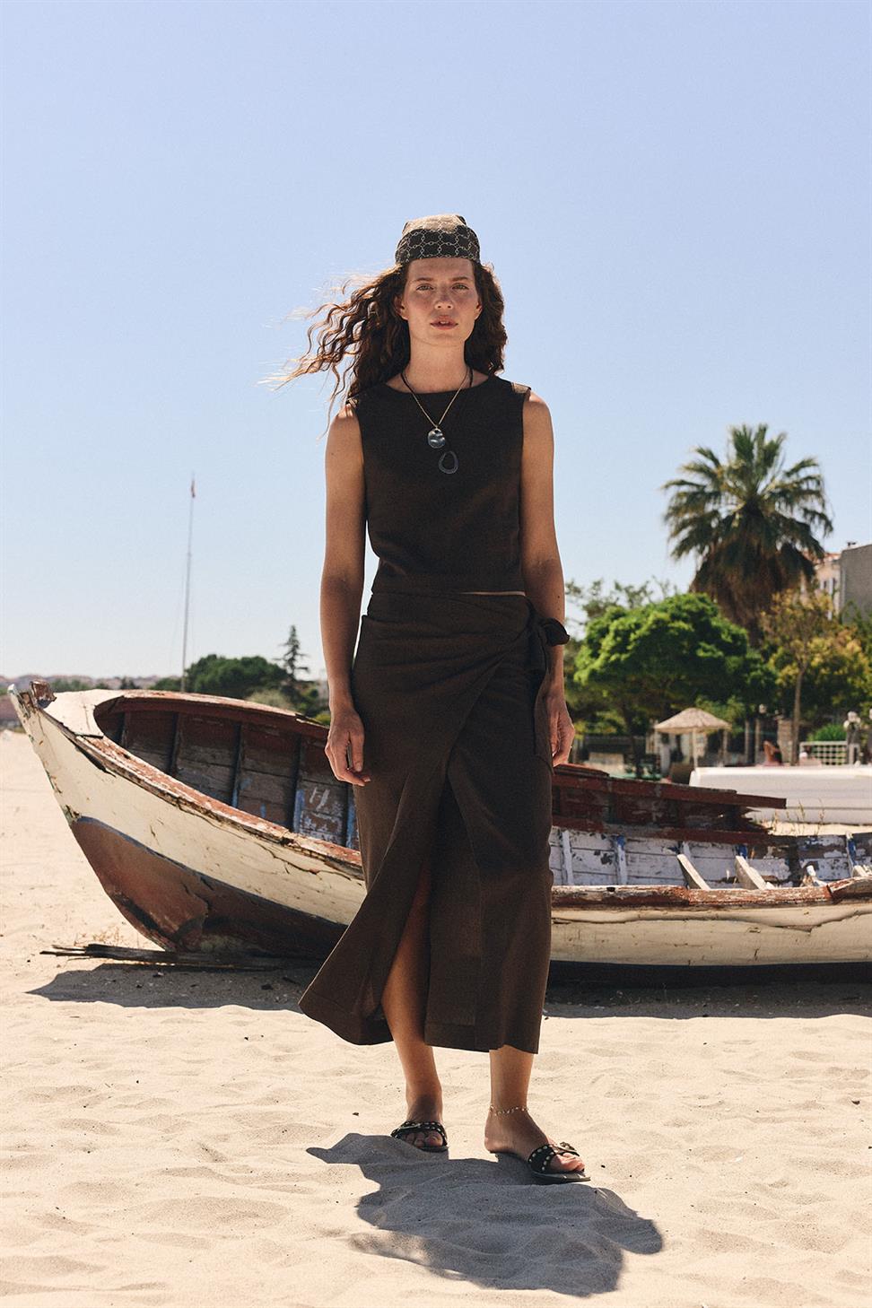 Antioch Kahve Keten Karışımlı Kadın Bluz