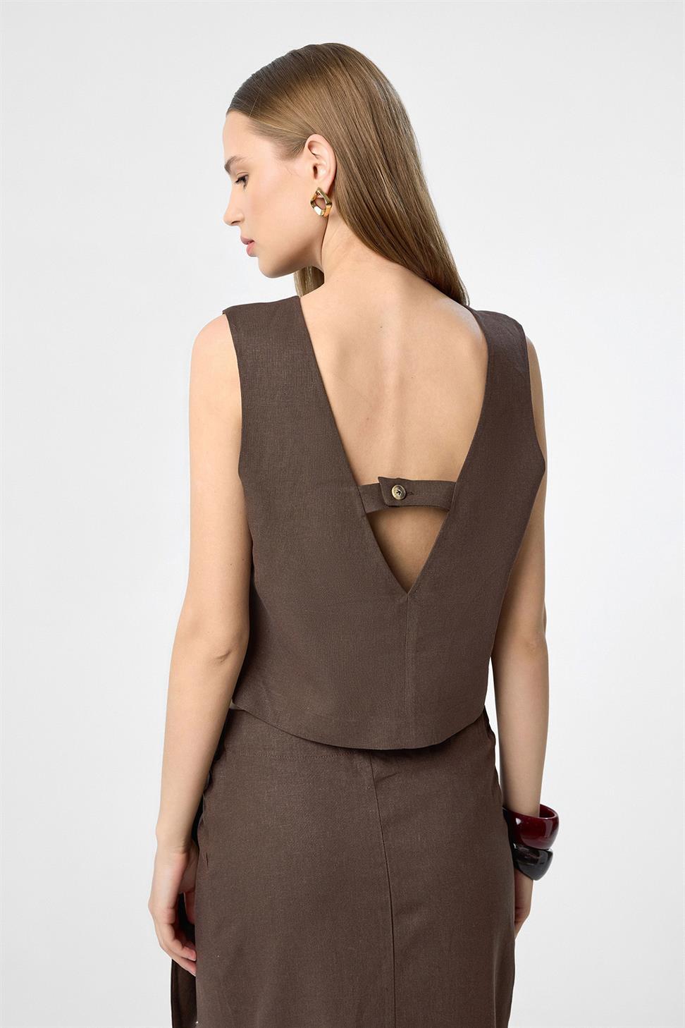 Antioch Kahve Keten Karışımlı Kadın Bluz