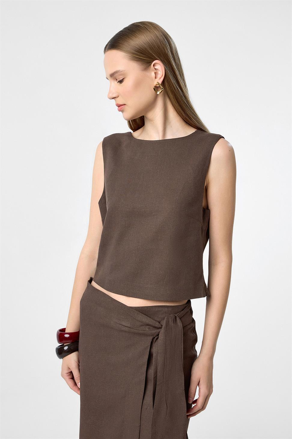 Antioch Kahve Keten Karışımlı Kadın Bluz