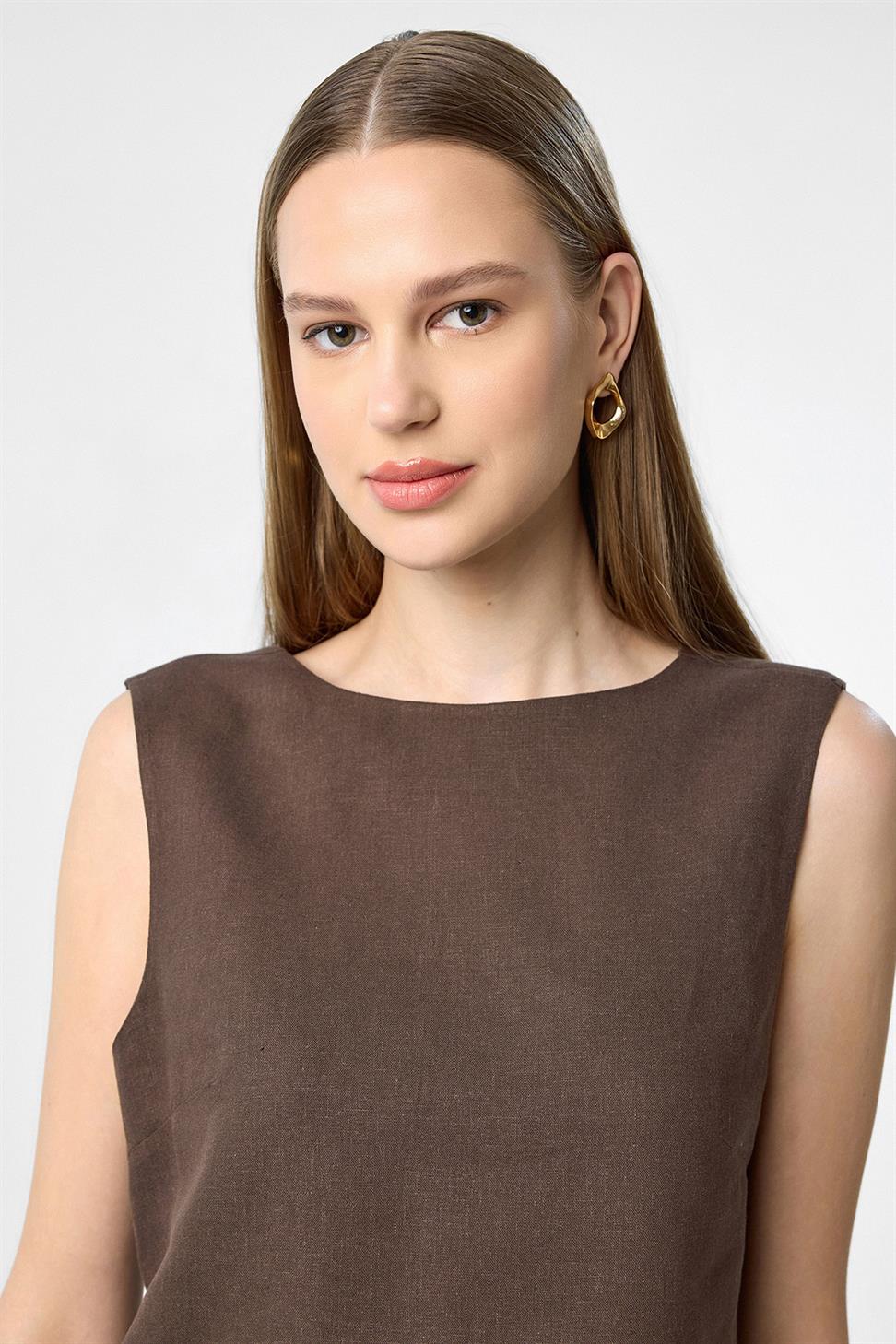 Antioch Kahve Keten Karışımlı Kadın Bluz