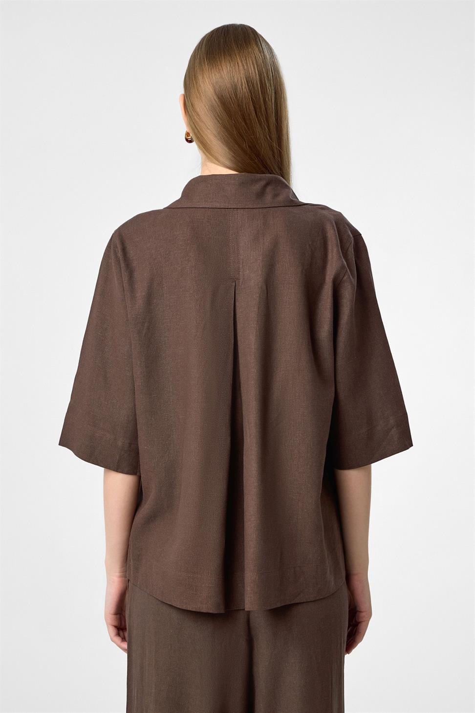Antioch Kahve Keten Karışımlı Kadın Gömlek