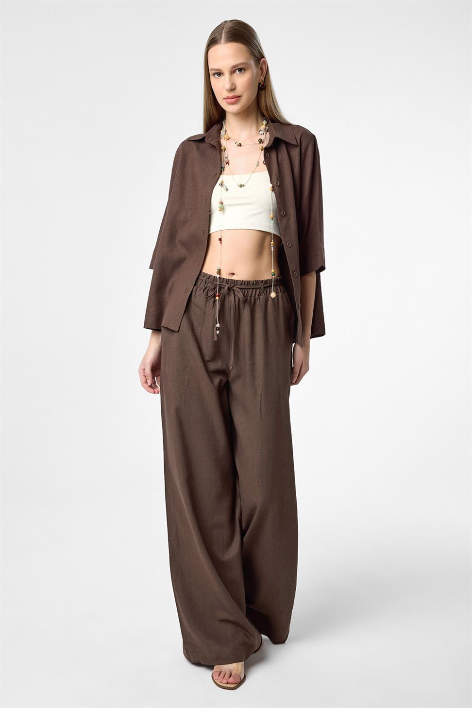 Antioch Kahve Keten Karışımlı Kadın Gömlek