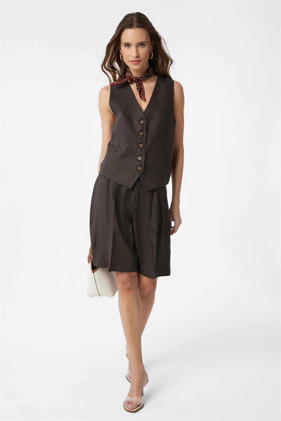 Antioch Kahve Keten Karışımlı Kadın Terzi Yeleği