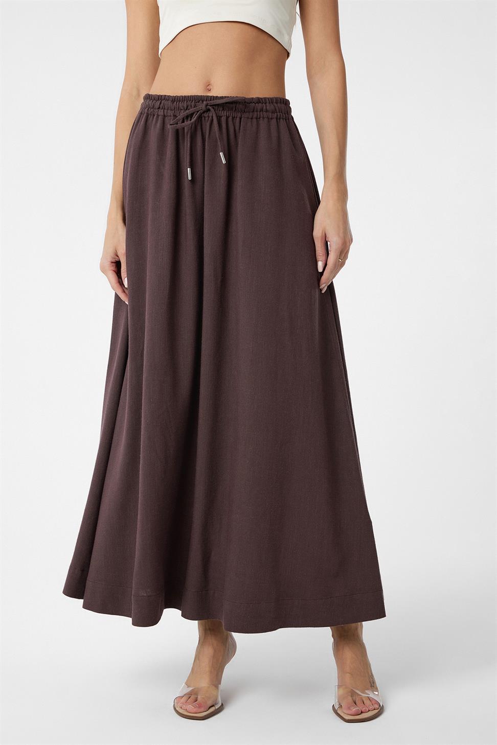 Antioch Kahve Keten Karışımlı Kadın Uzun Etek
