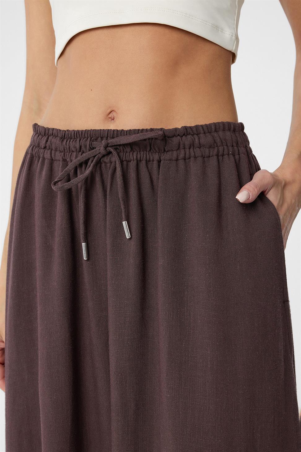 Antioch Kahve Keten Karışımlı Kadın Uzun Etek