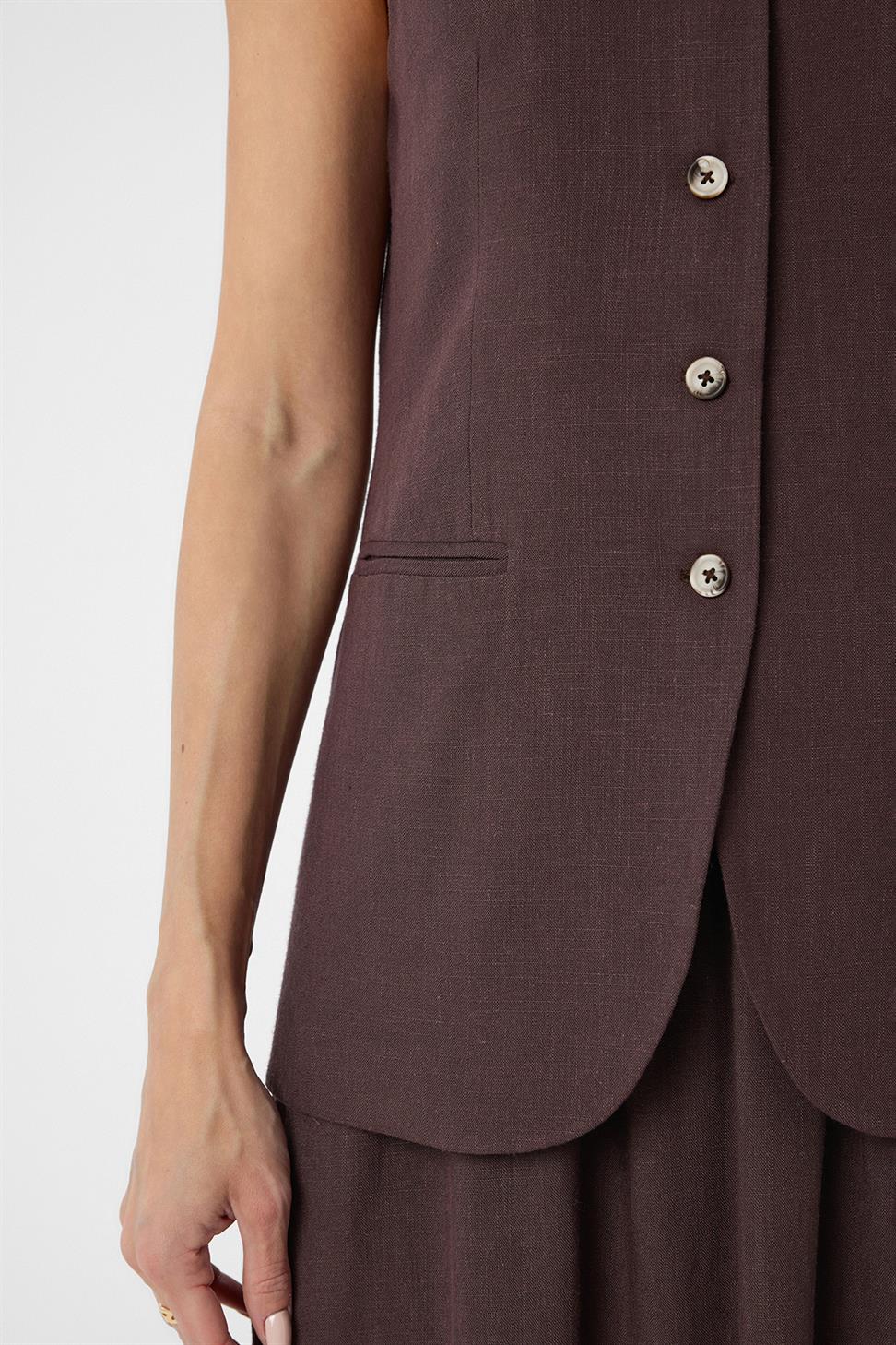 Antioch Kahve Keten Karışımlı Kadın Uzun Yelek