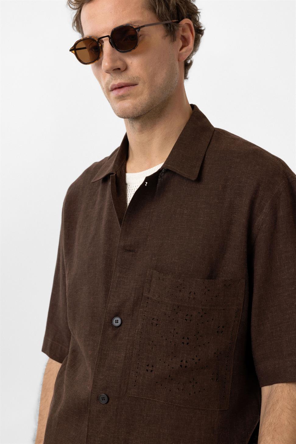 Antioch Kahve Keten Karışımlı Kısa Kollu Erkek Gömlek