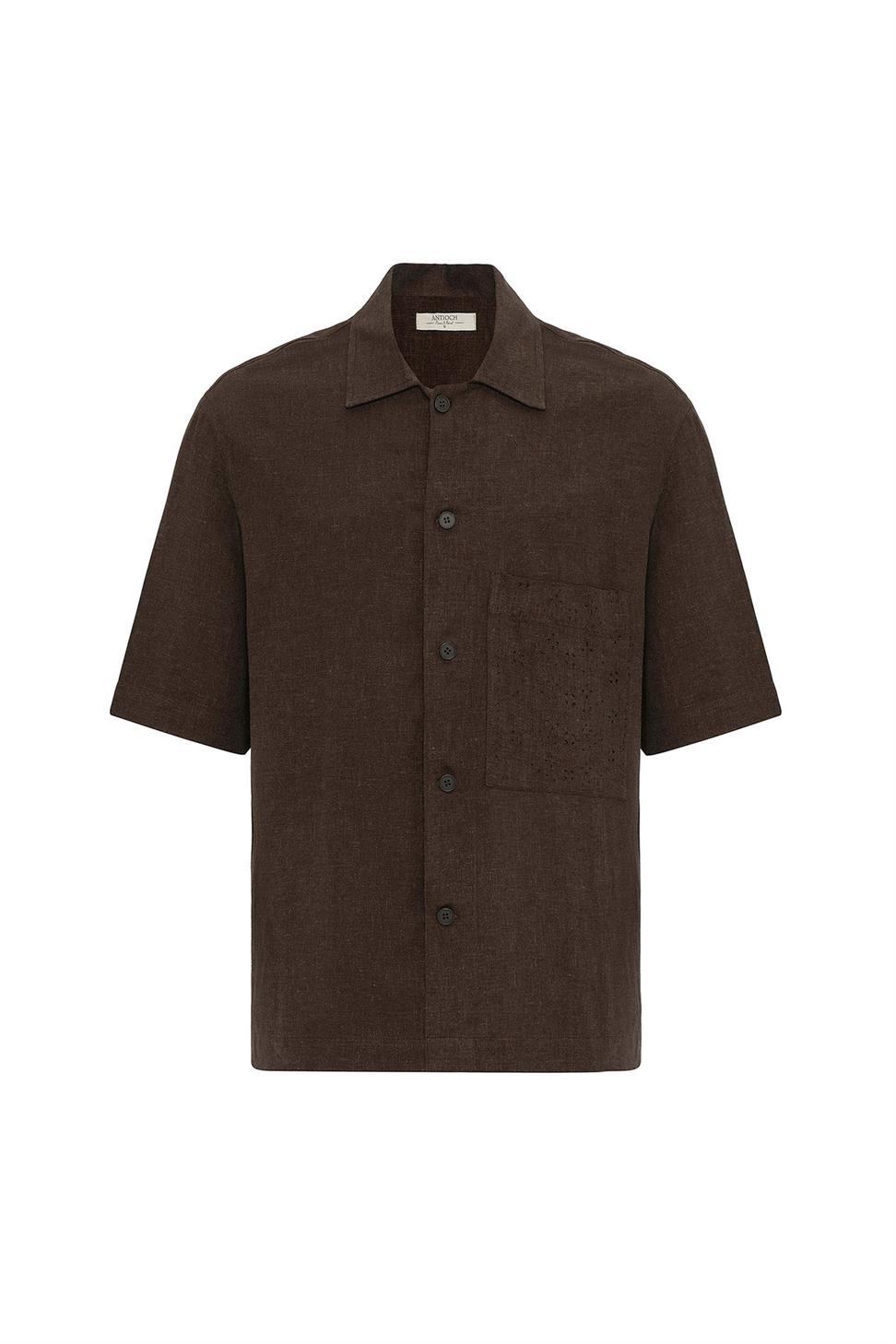 Antioch Kahve Keten Karışımlı Kısa Kollu Erkek Gömlek