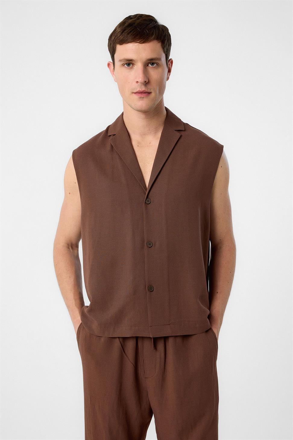 Antioch Kahve Keten Karışımlı Kolsuz Erkek Gömlek