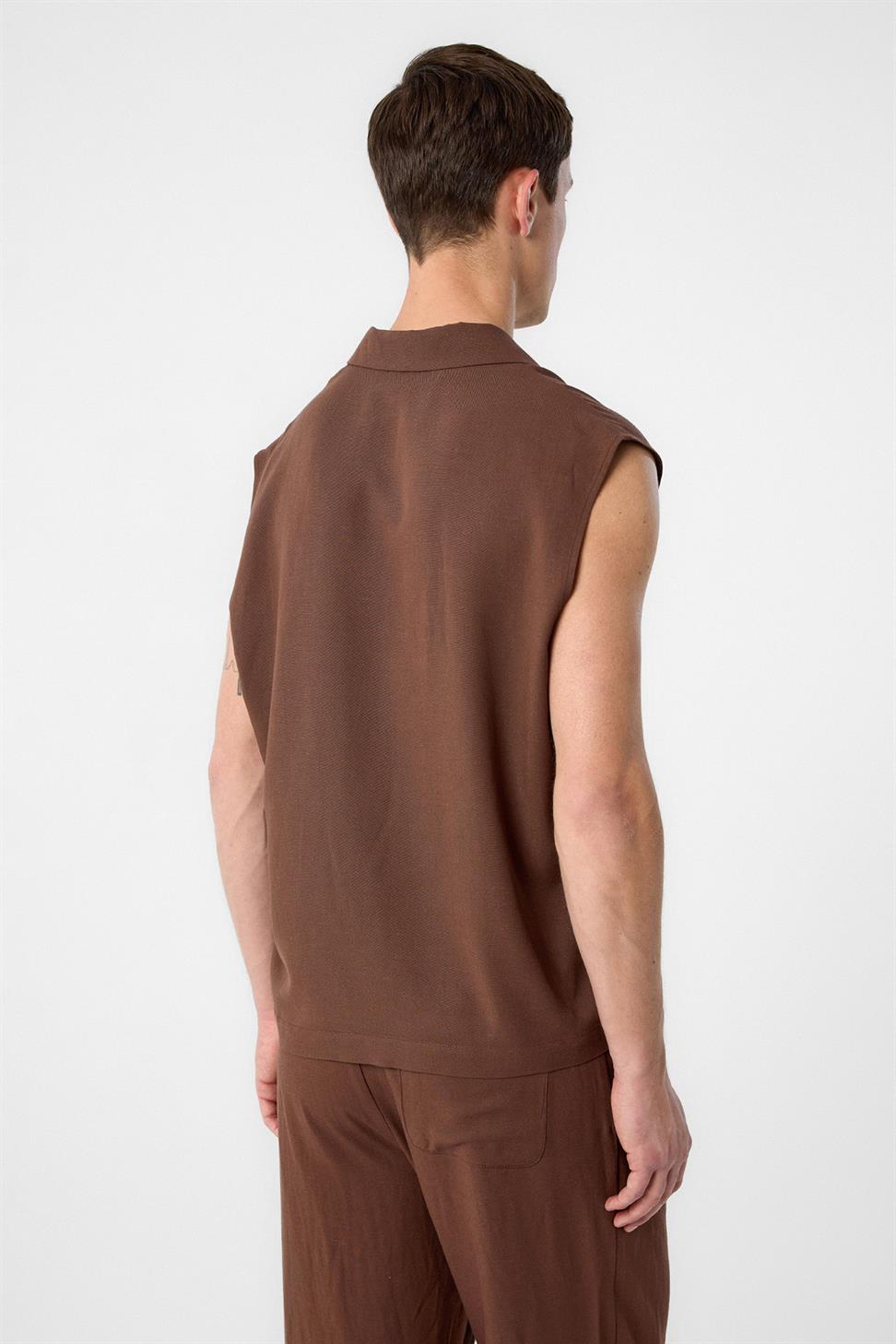 Antioch Kahve Keten Karışımlı Kolsuz Erkek Gömlek