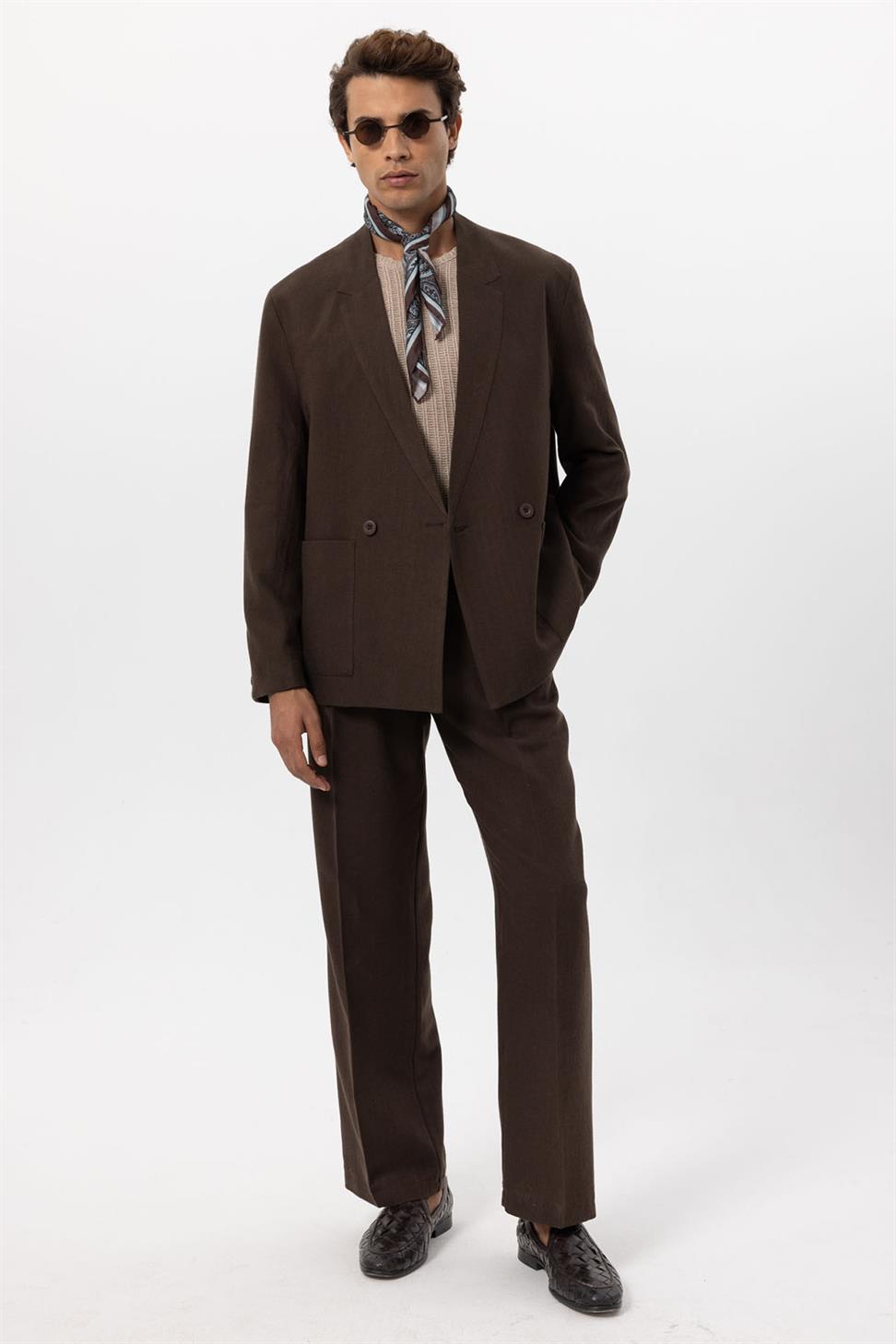 Mens Linen Blend Double-breasted Buttoned Blazer Jacket