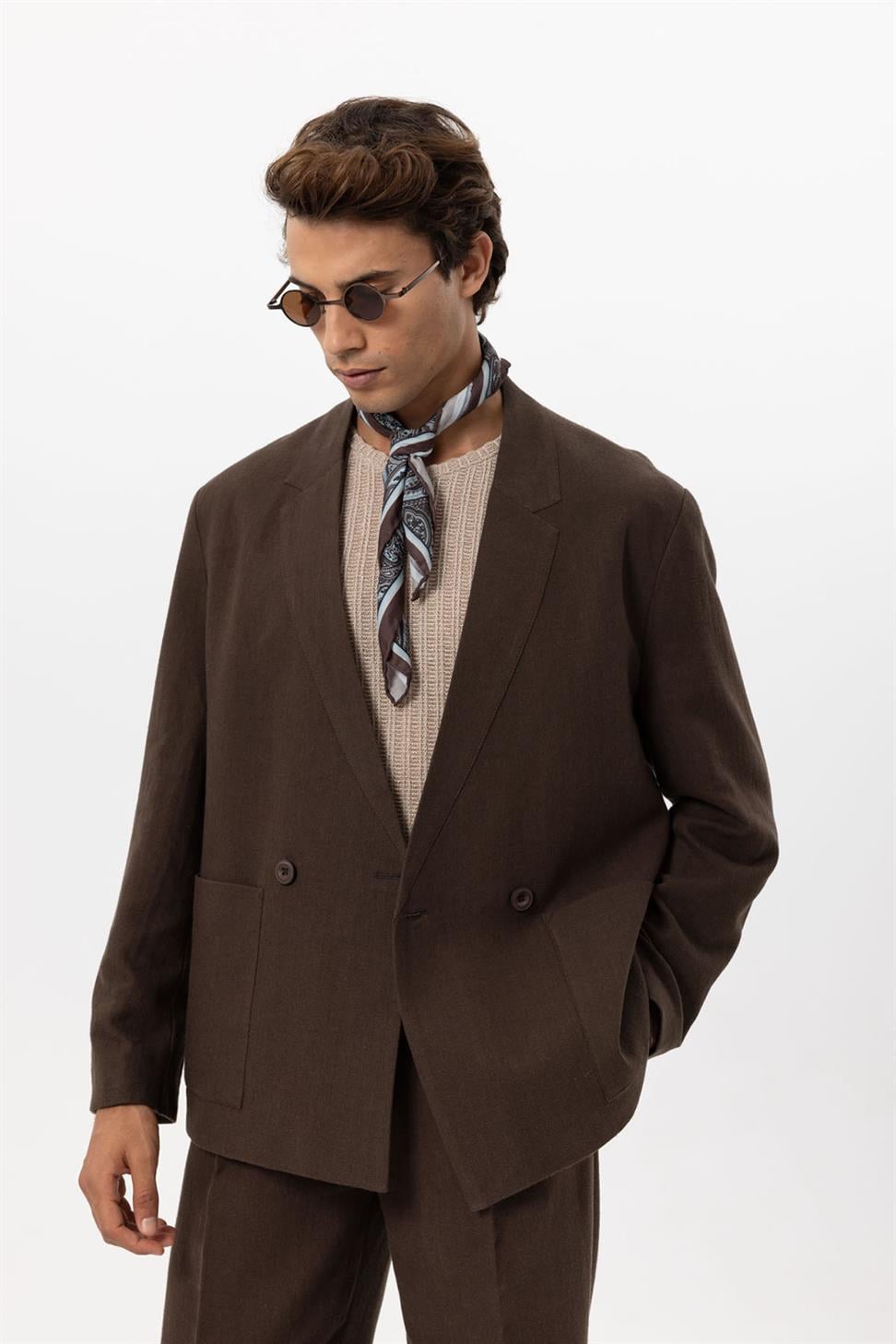 Mens Linen Blend Double-breasted Buttoned Blazer Jacket