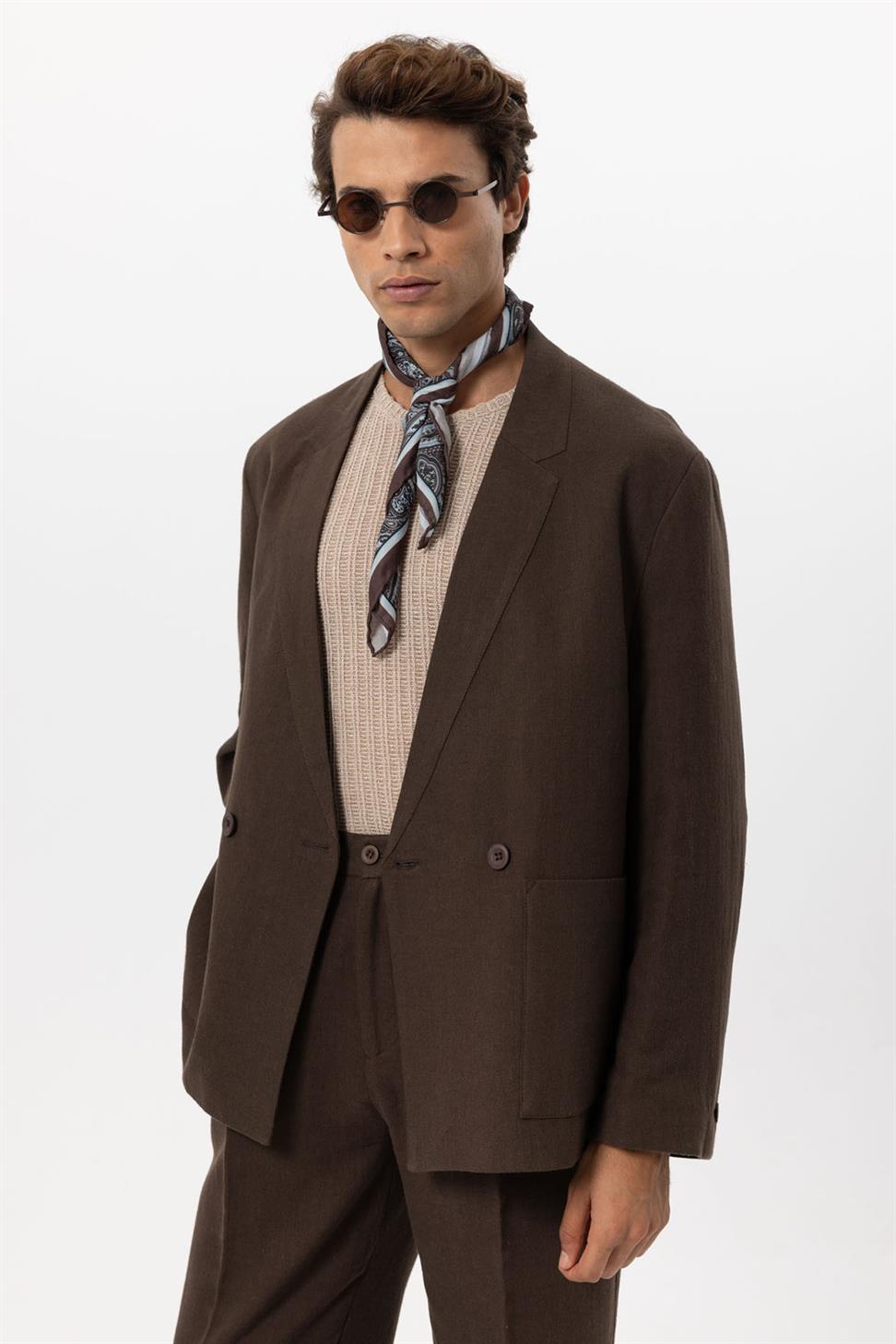 Mens Linen Blend Double-breasted Buttoned Blazer Jacket