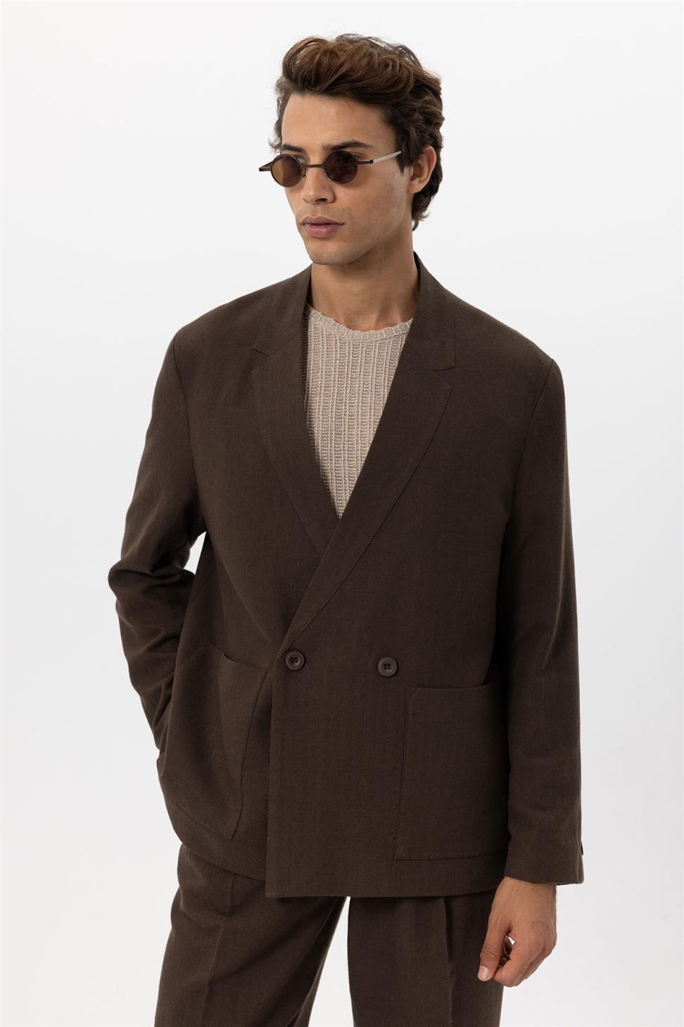 Mens Linen Blend Double-breasted Buttoned Blazer Jacket