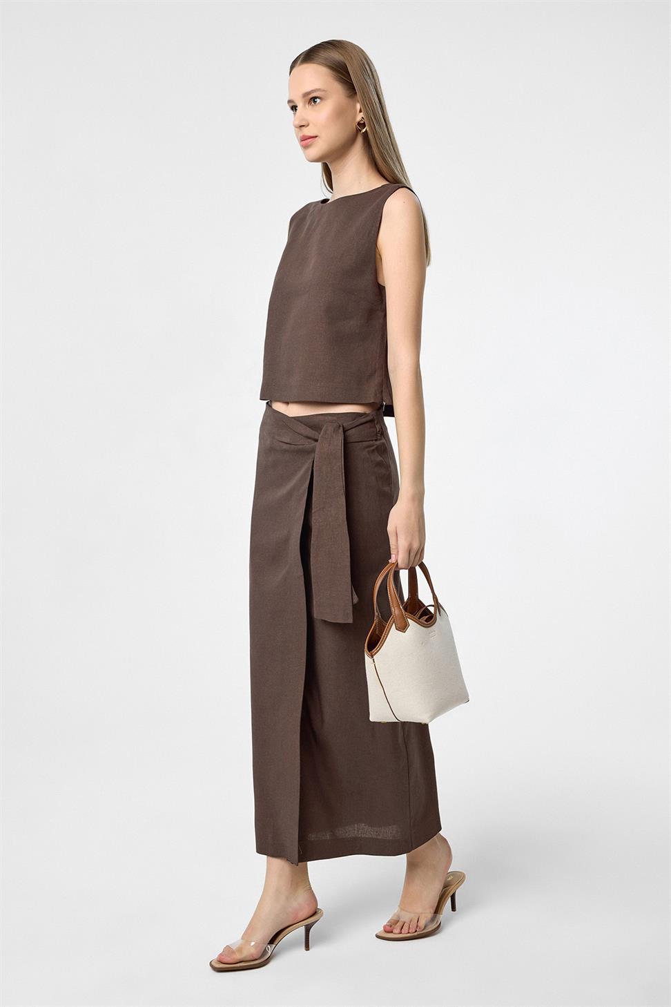 Antioch Kahve Keten Karışımlı Kuşaklı Kadın Etek