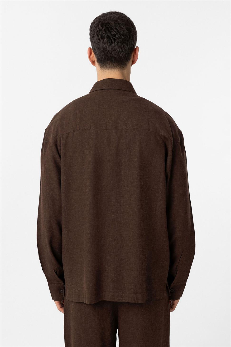 Antioch Kahve Keten Karışımlı Relax Fit Erkek Gömlek