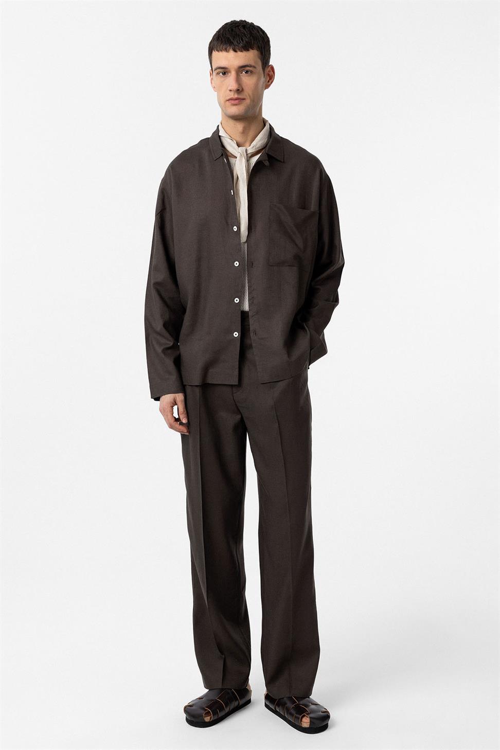Antioch Kahve Keten Karışımlı Relax Fit Erkek Gömlek