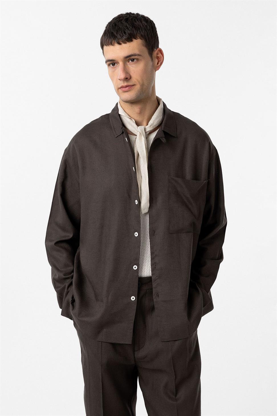 Antioch Kahve Keten Karışımlı Relax Fit Erkek Gömlek