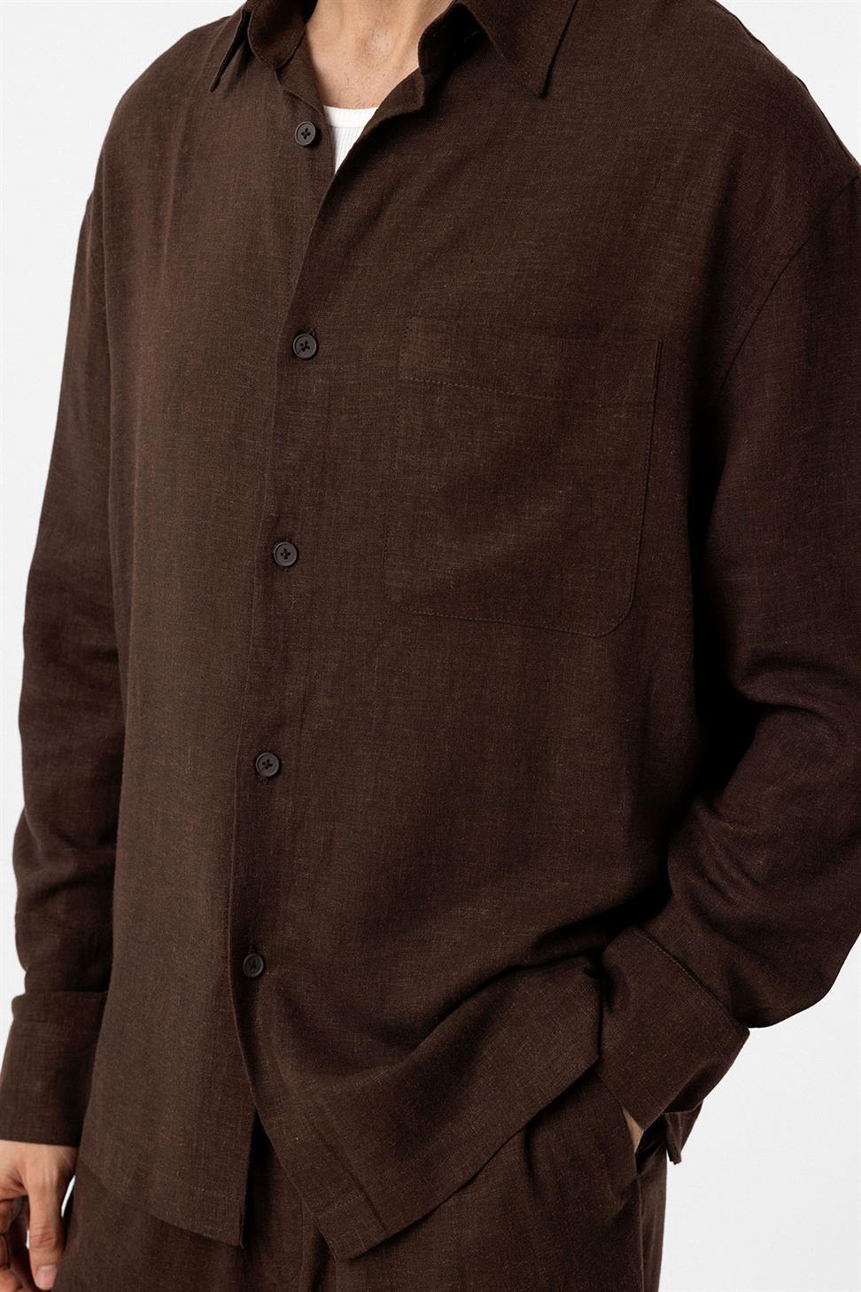 Antioch Kahve Keten Karışımlı Relax Fit Erkek Gömlek