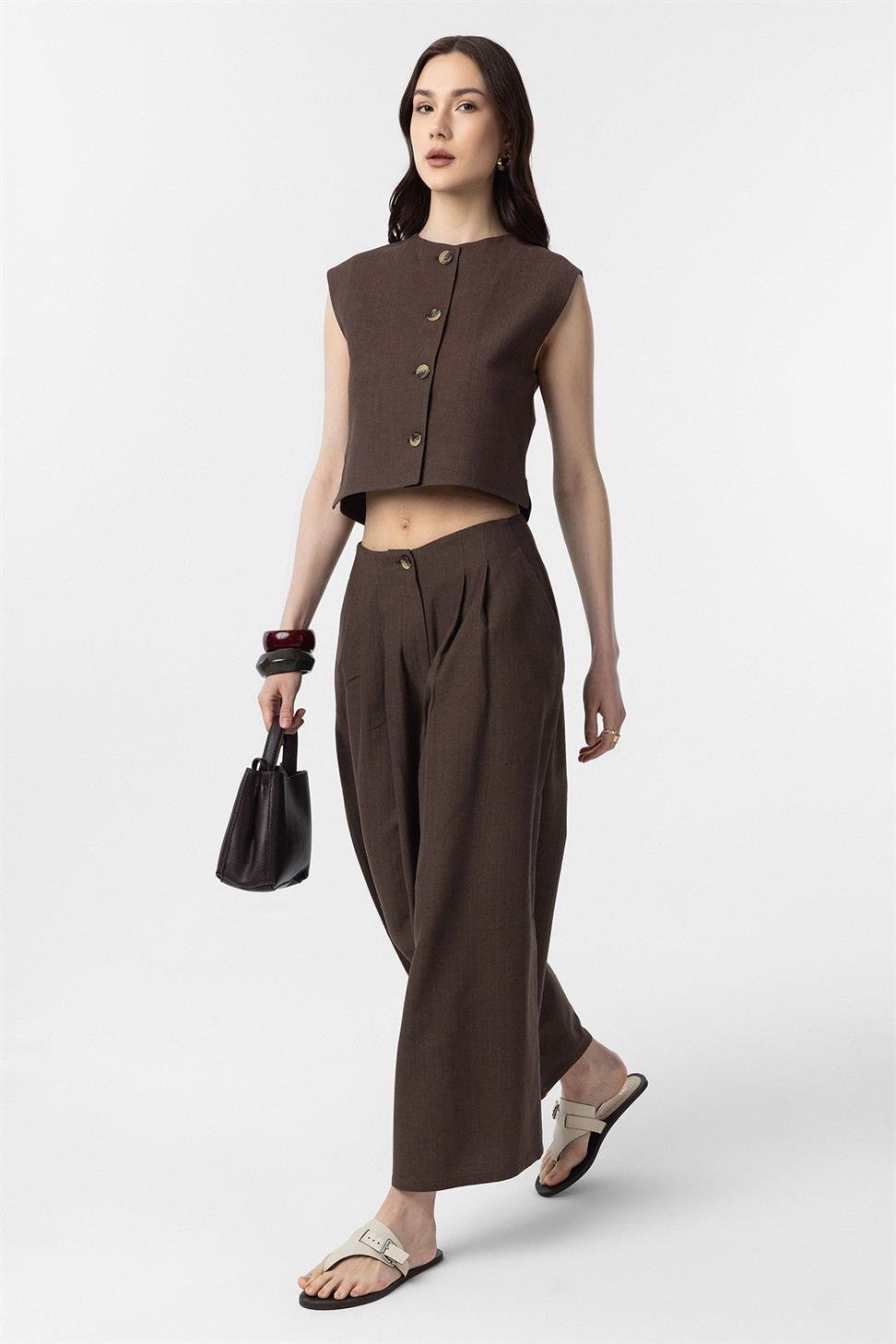 Antioch Kahve Keten Karışımlı Relax Fit Kadın Yelek