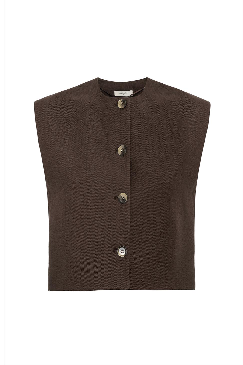 Antioch Kahve Keten Karışımlı Relax Fit Kadın Yelek