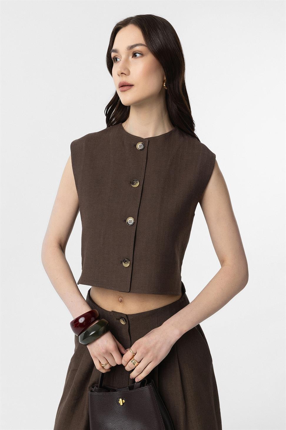 Antioch Kahve Keten Karışımlı Relax Fit Kadın Yelek