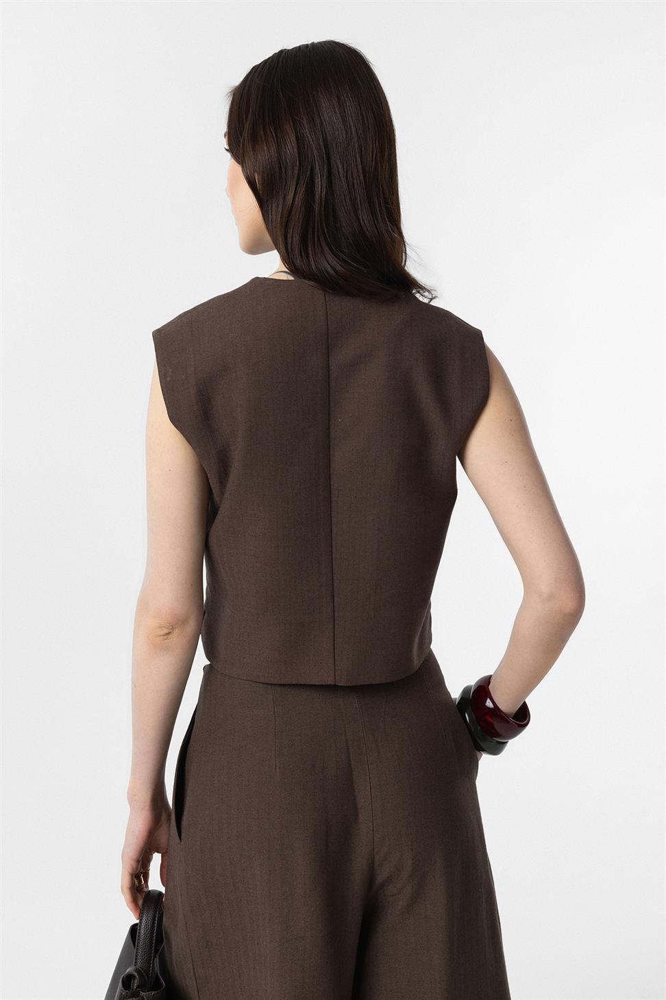 Antioch Kahve Keten Karışımlı Relax Fit Kadın Yelek