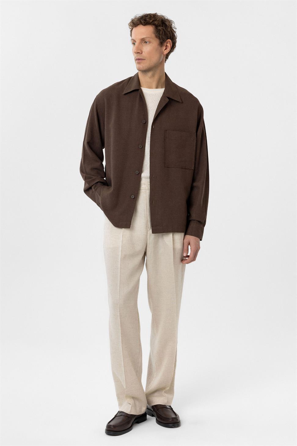 Antioch Kahve Keten Karışımlı Relaxed Erkek Gömlek