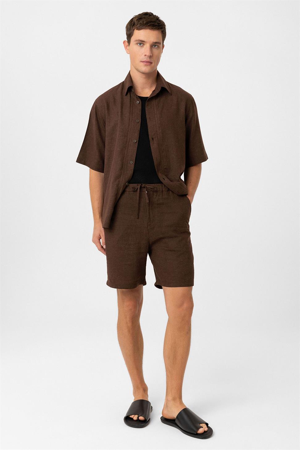 Antioch Kahve Keten Karışımlı Relaxed Erkek Gömlek