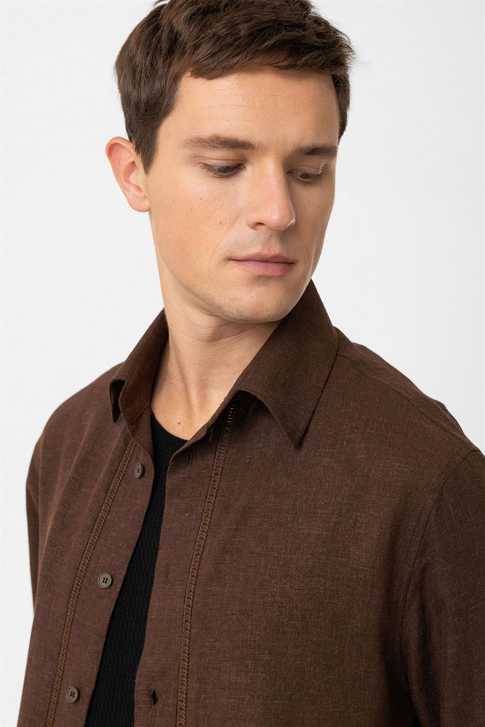 Antioch Kahve Keten Karışımlı Relaxed Erkek Gömlek