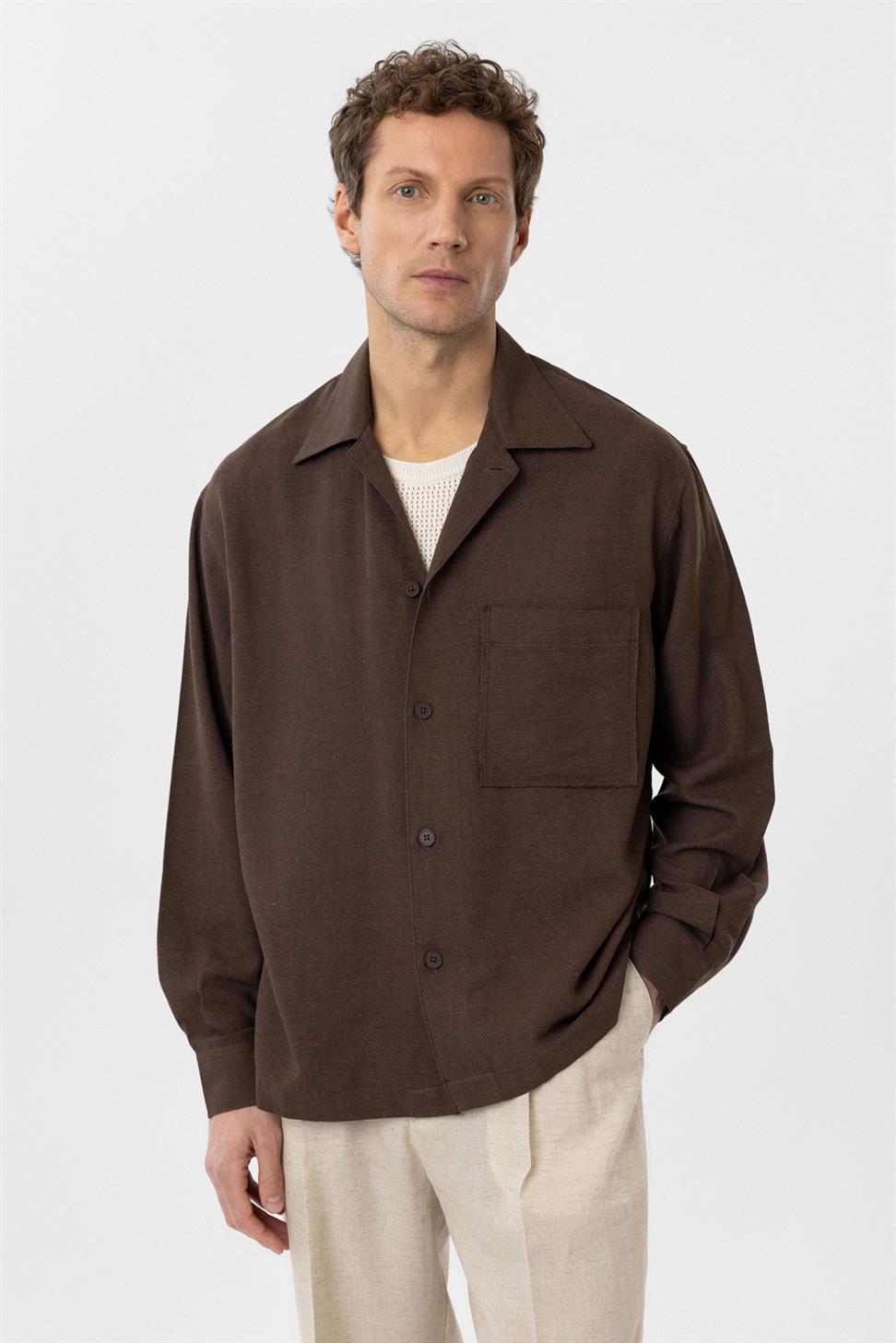 Antioch Kahve Keten Karışımlı Relaxed Erkek Gömlek