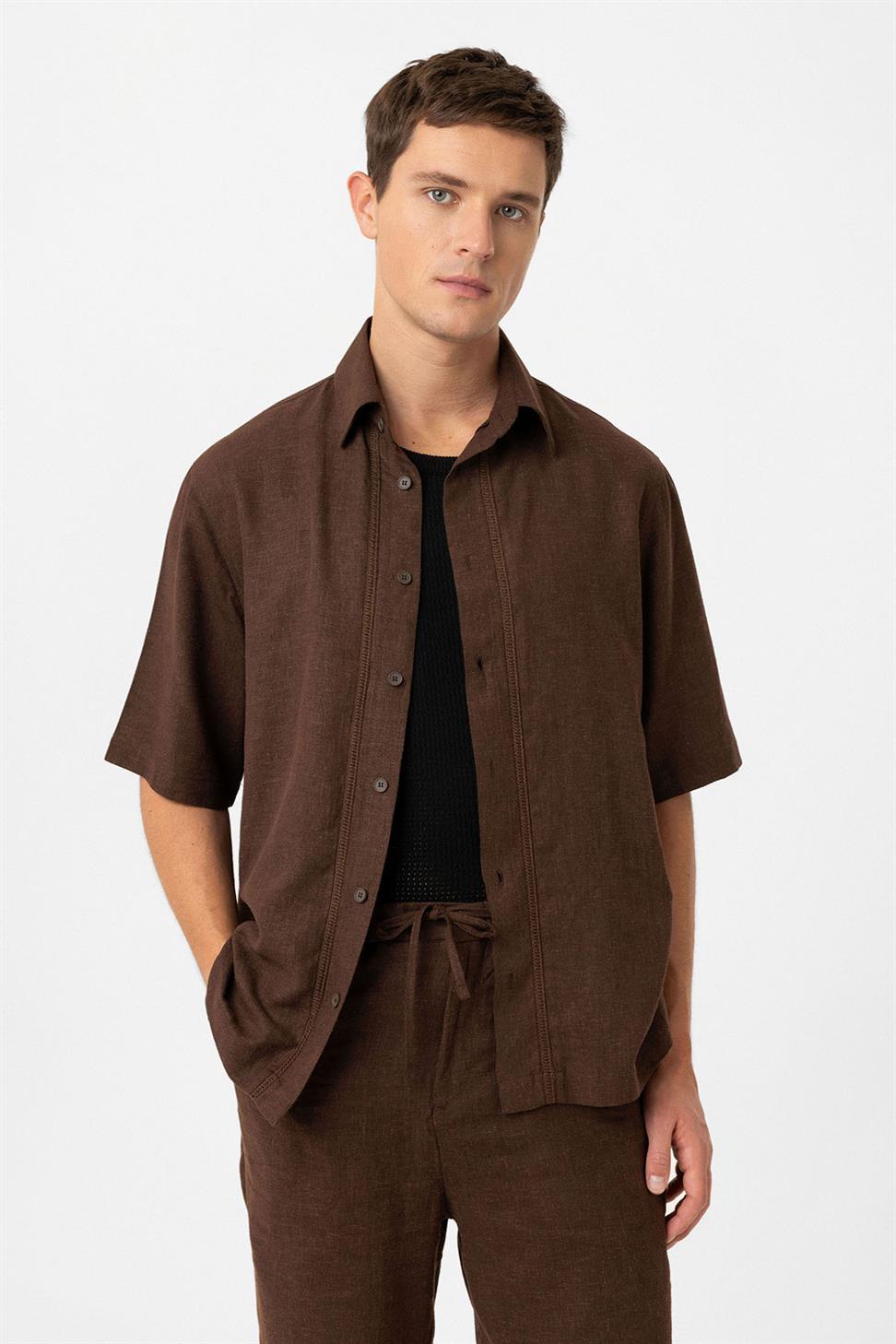 Antioch Kahve Keten Karışımlı Relaxed Erkek Gömlek