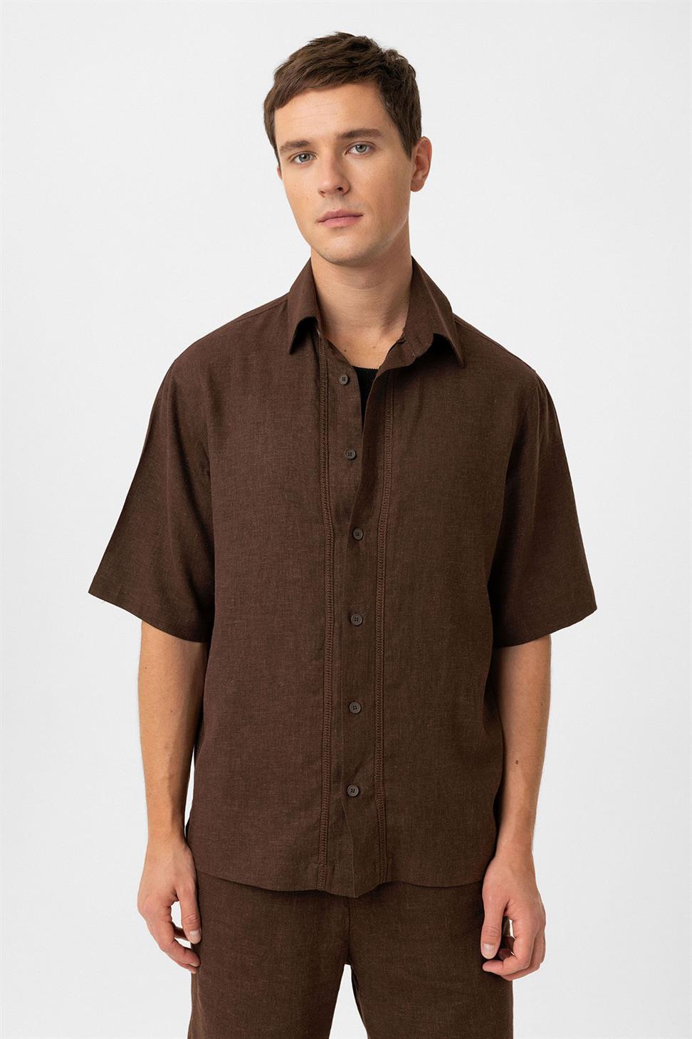 Antioch Kahve Keten Karışımlı Relaxed Erkek Gömlek