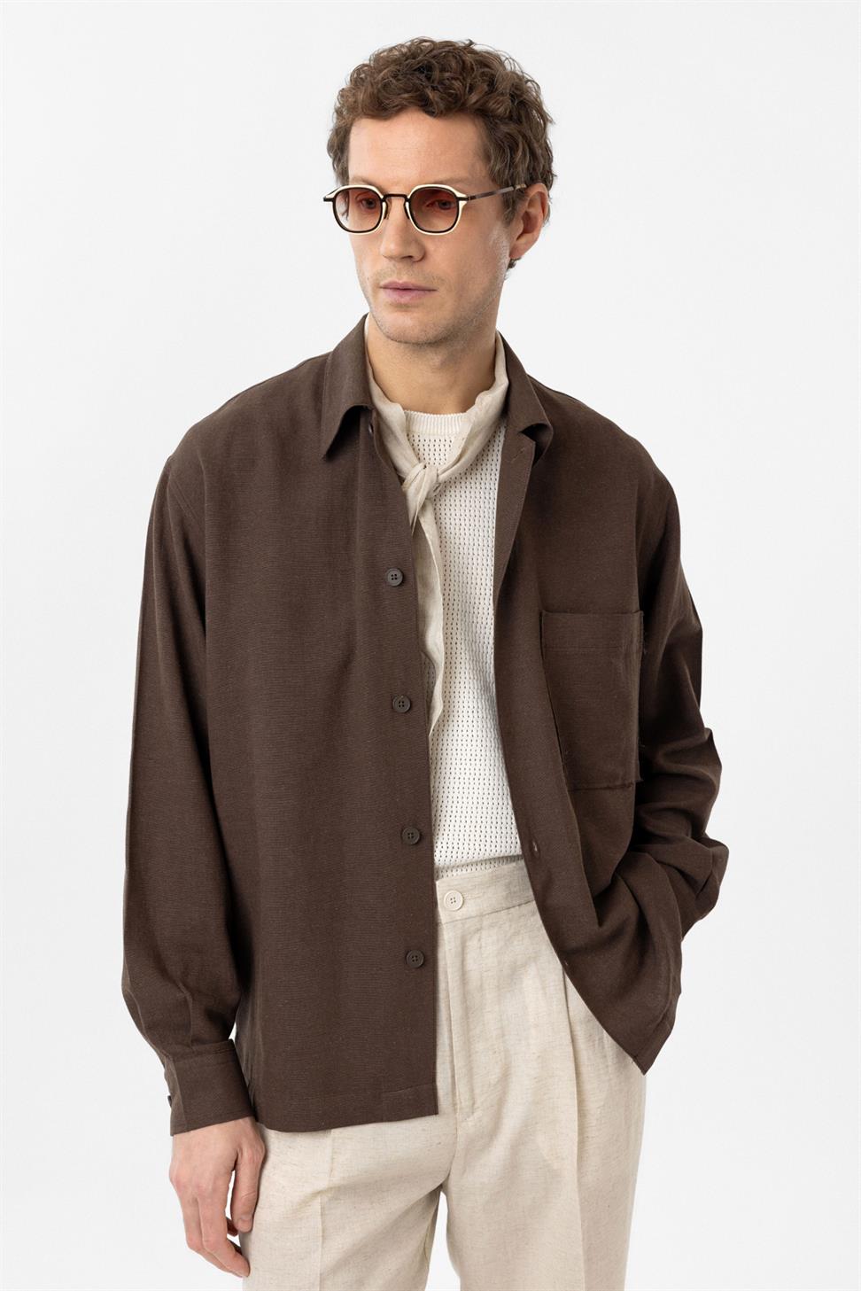 Antioch Kahve Keten Karışımlı Relaxed Erkek Gömlek
