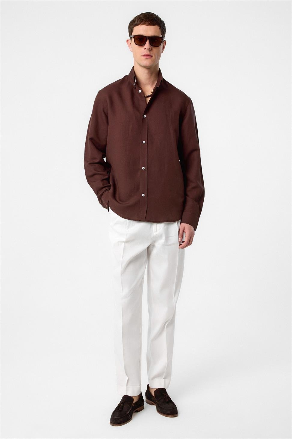 Antioch Kahve Keten Karışımlı Yaka Düğmeli Erkek Gömlek