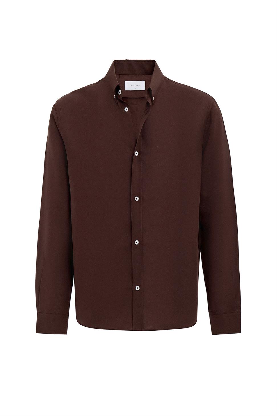 Antioch Kahve Keten Karışımlı Yaka Düğmeli Erkek Gömlek