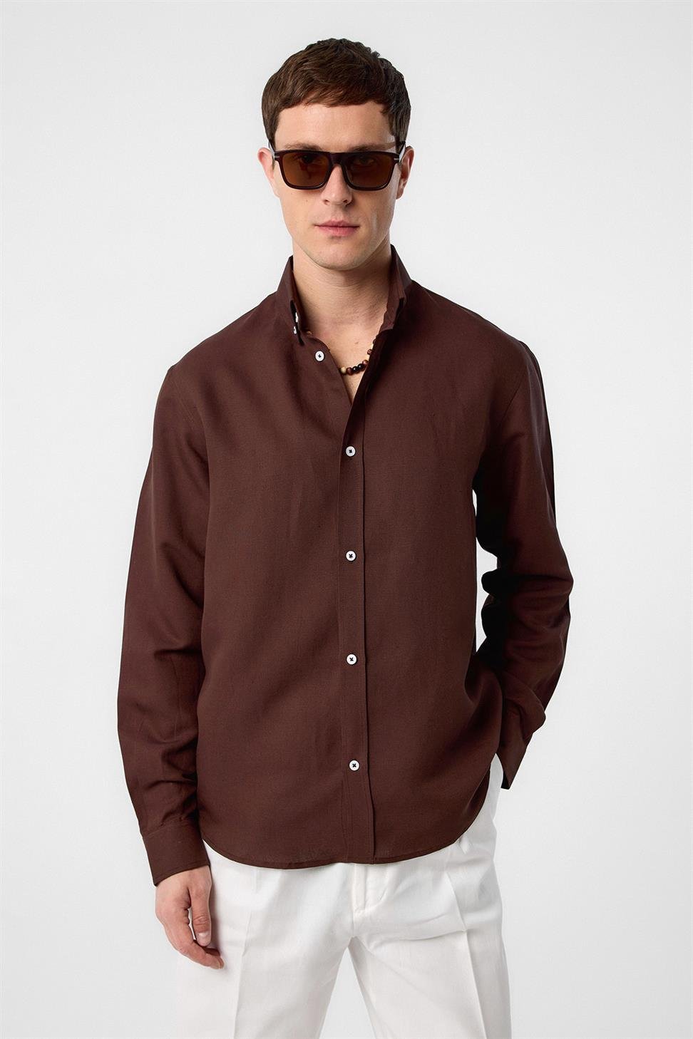 Antioch Kahve Keten Karışımlı Yaka Düğmeli Erkek Gömlek
