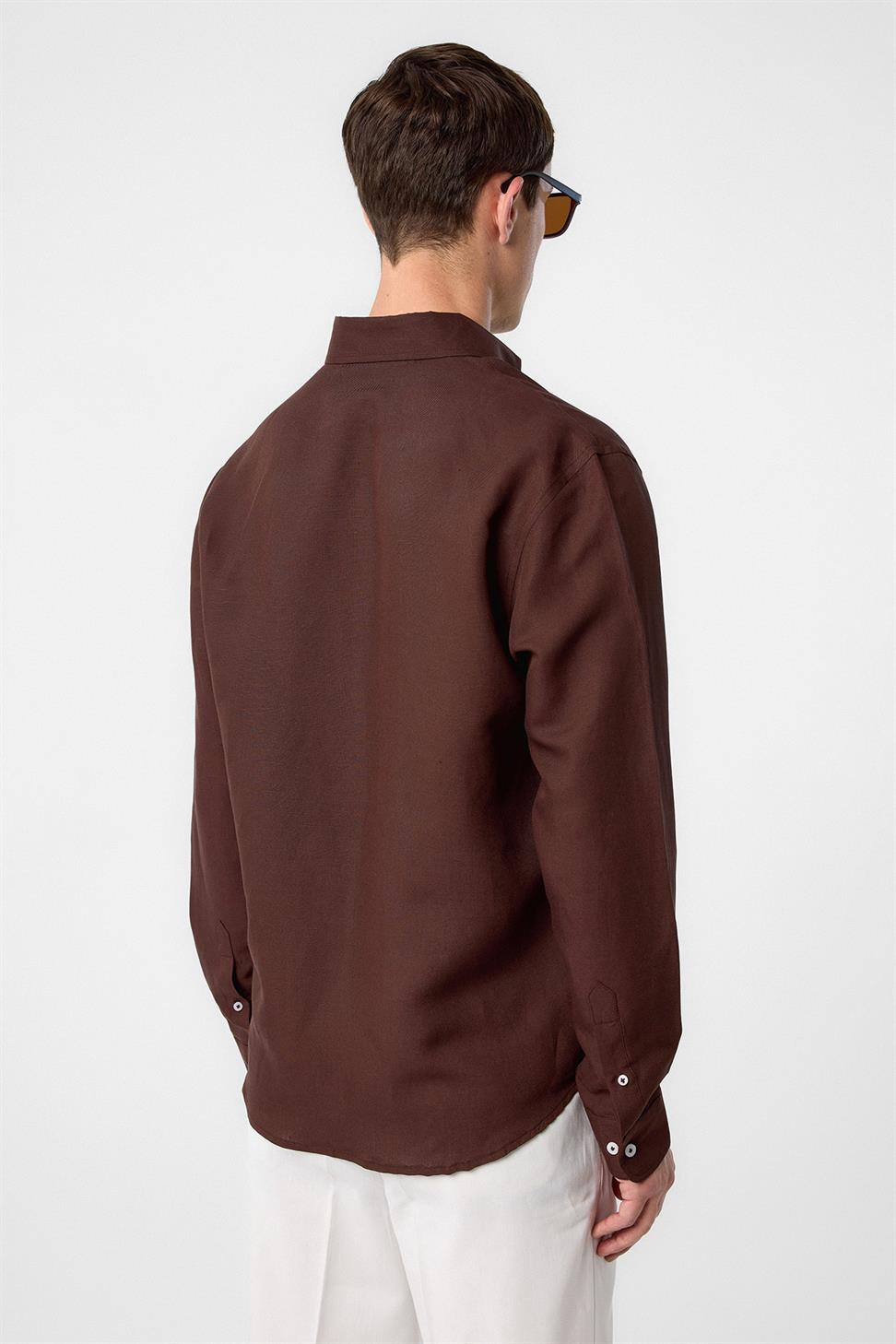 Antioch Kahve Keten Karışımlı Yaka Düğmeli Erkek Gömlek