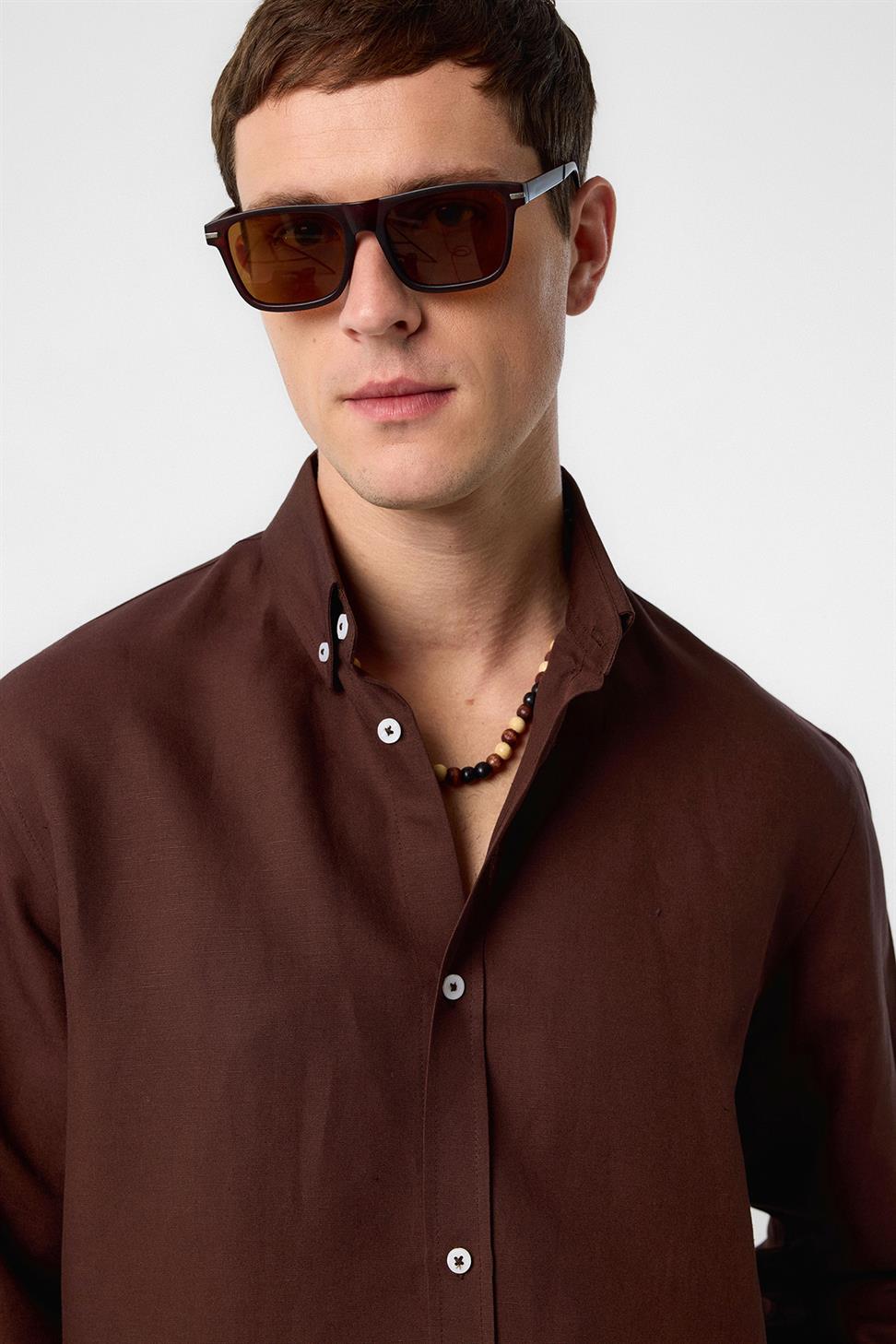 Antioch Kahve Keten Karışımlı Yaka Düğmeli Erkek Gömlek